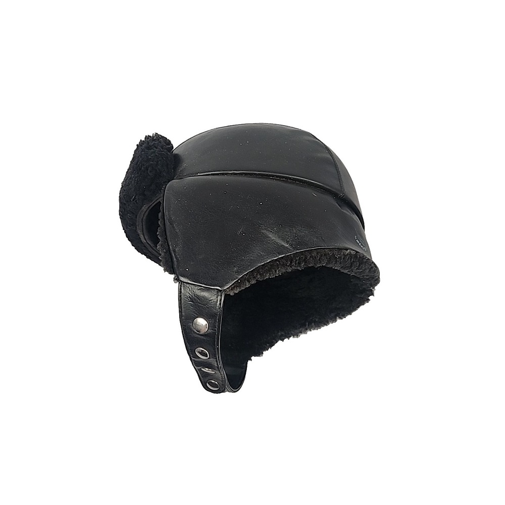 Vintage 70s Wolverine Black Leather Trapper Hat Faux Fur Ear Flaps Ushanka Cap